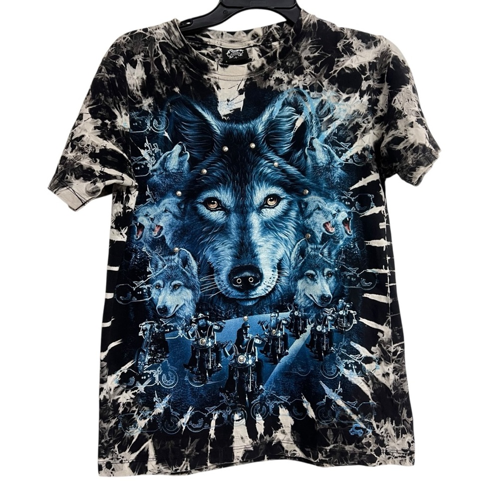 Mens‎ Caballo Wolf Motorbike Studded Graphic Short Sleeve T-Shirt Small